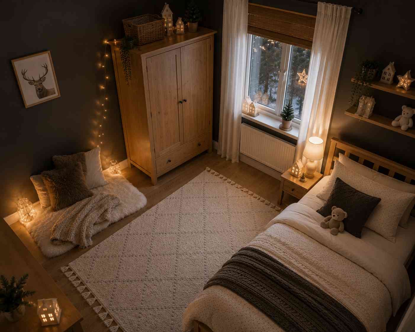 Dark cozy children's bedroom with warm fairy lights, wooden furniture, plush textiles, and elegant Christmas decorations.