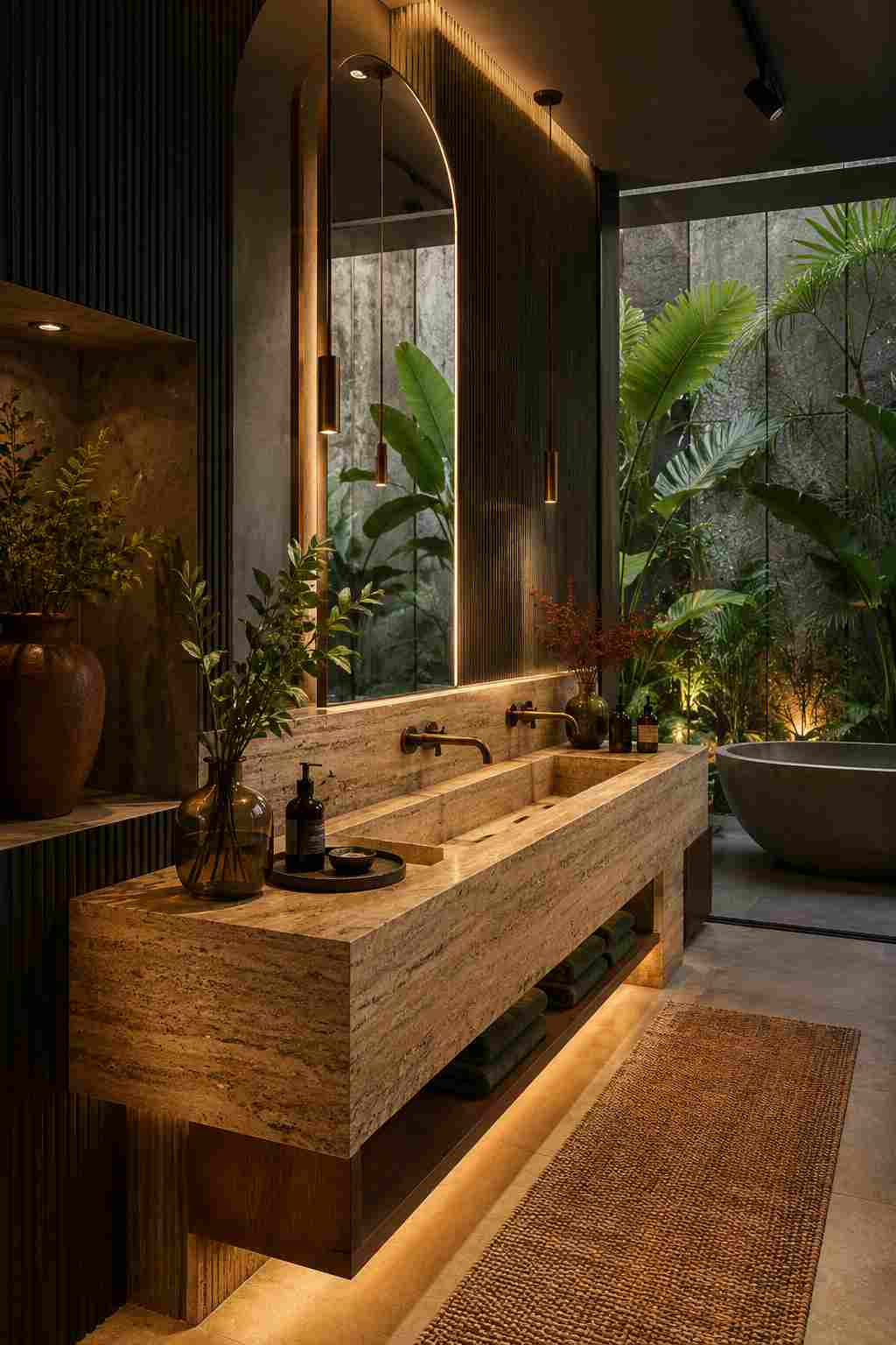 Luxury spa-style bathroom featuring a floating travertine vanity with an integrated double sink, a tall backlit arched mirror, warm pendant lighting, lush indoor plants, a freestanding stone bathtub overlooking a tropical garden, and soft ambient lighting that creates a serene retreat.