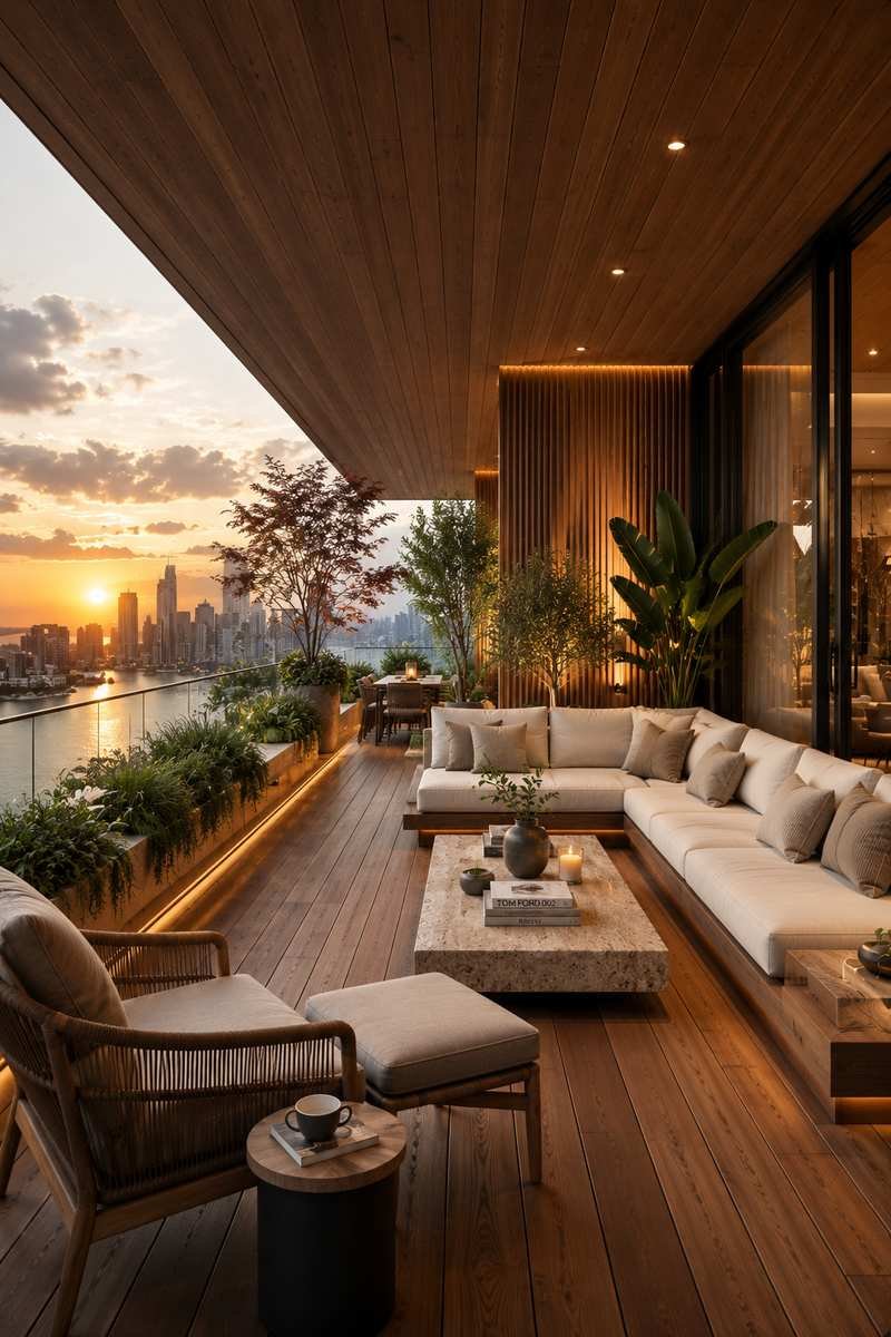 A modern luxury balcony featuring warm teak wood cladding on the floor, ceiling, and feature wall, complemented by an elegant outdoor sectional sofa, a travertine coffee table, lush greenery, and ambient LED lighting. The spacious balcony overlooks a stunning waterfront city skyline at golden hour, creating a seamless indoor-outdoor living experience.