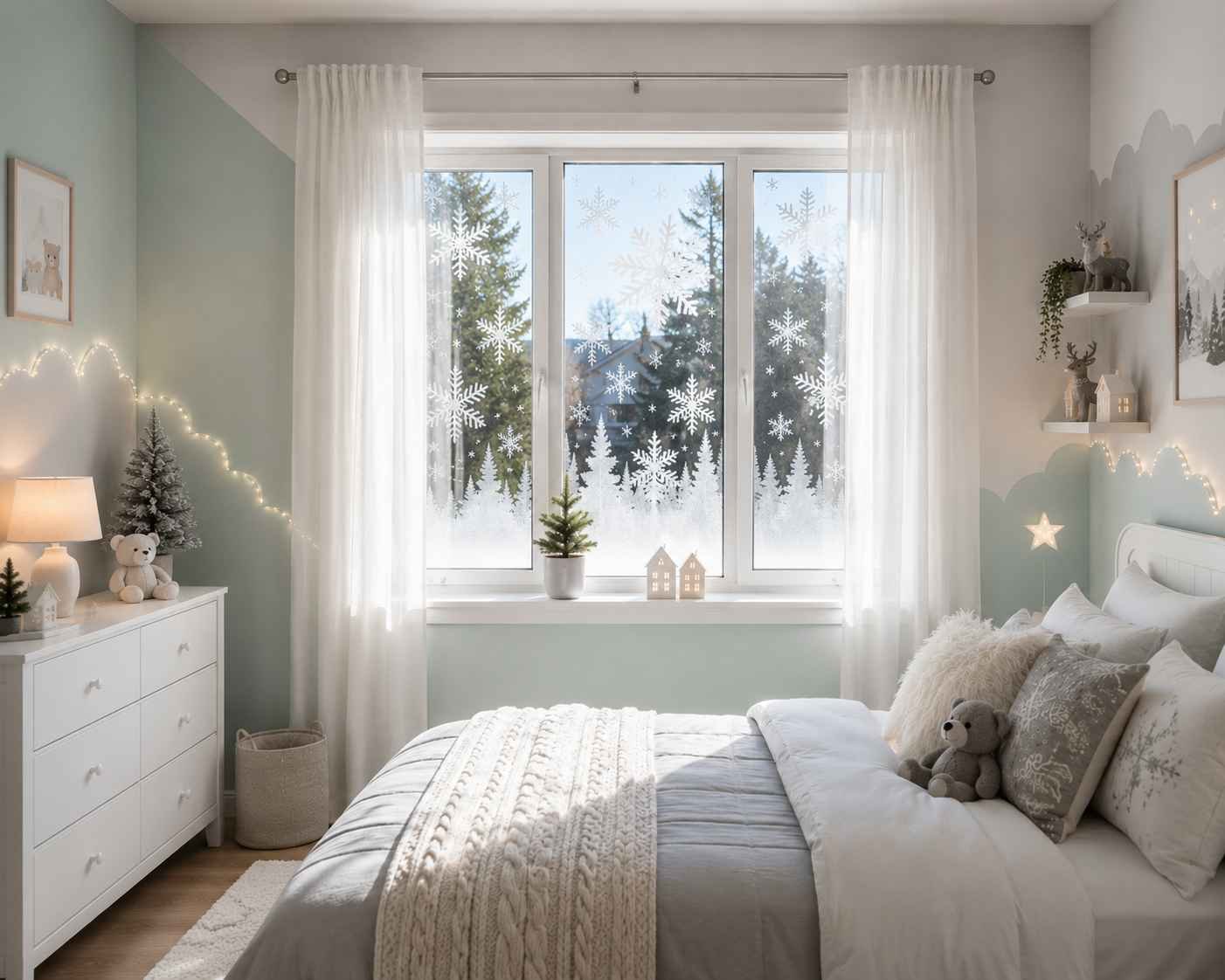 Cozy winter kids' bedroom with sage green walls, white bedding, snowflake window decals, soft fairy lights, and Scandinavian holiday decor
