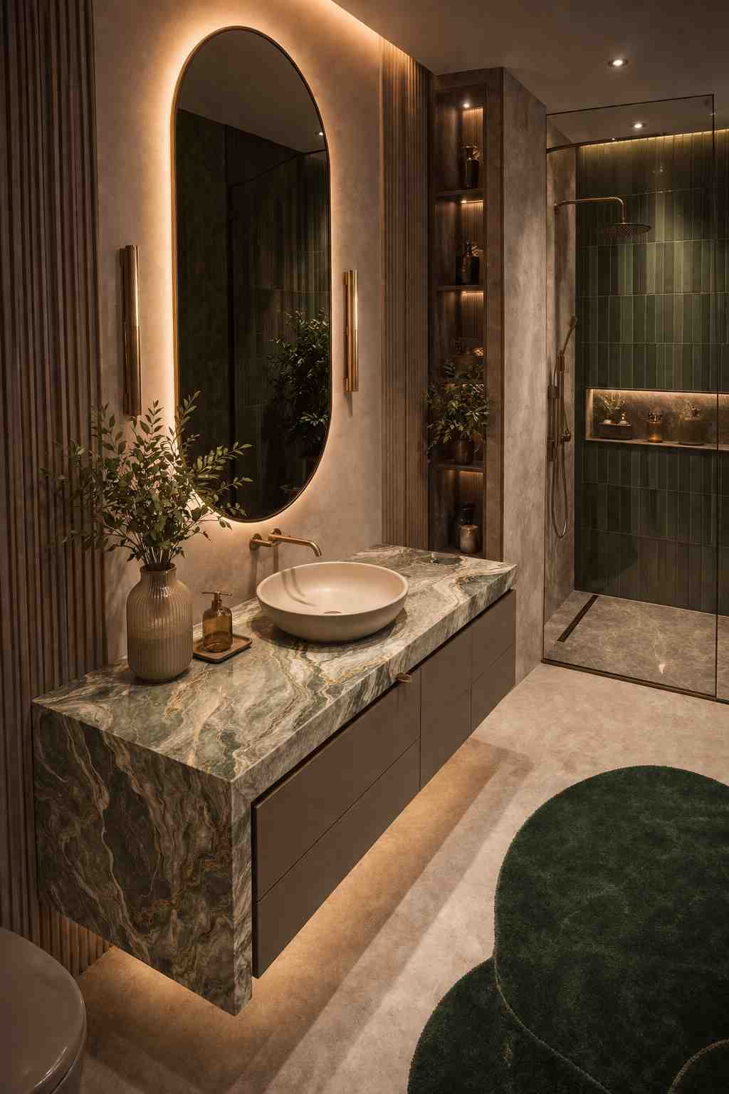 Contemporary luxury bathroom featuring a floating vanity with a green marble waterfall countertop, a white vessel sink, a large backlit oval mirror, warm brass fixtures, vertical wood slat accents, a glass walk-in shower with deep green tiled walls, and soft ambient lighting for a refined spa-like atmosphere.
