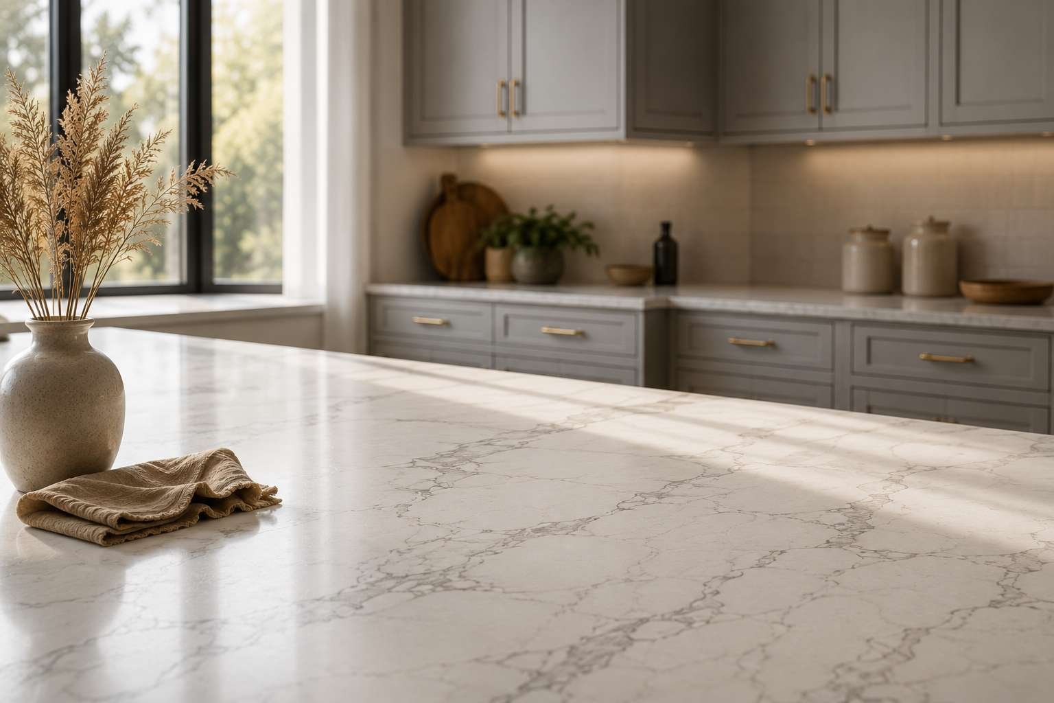 Wide view of a white marble kitchen countertop with soft grey veining, light grey shaker cabinets, brushed brass hardware, and warm natural sunlight creating a bright modern kitchen interior.