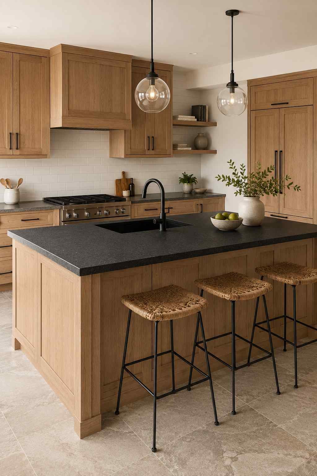 Modern classic kitchen featuring a white oak shaker-style island with a black leathered granite countertop, matte black faucet and hardware, glass globe pendant lights, white subway tile backsplash, woven rattan bar stools, and warm stone-look porcelain flooring in soft natural daylight.