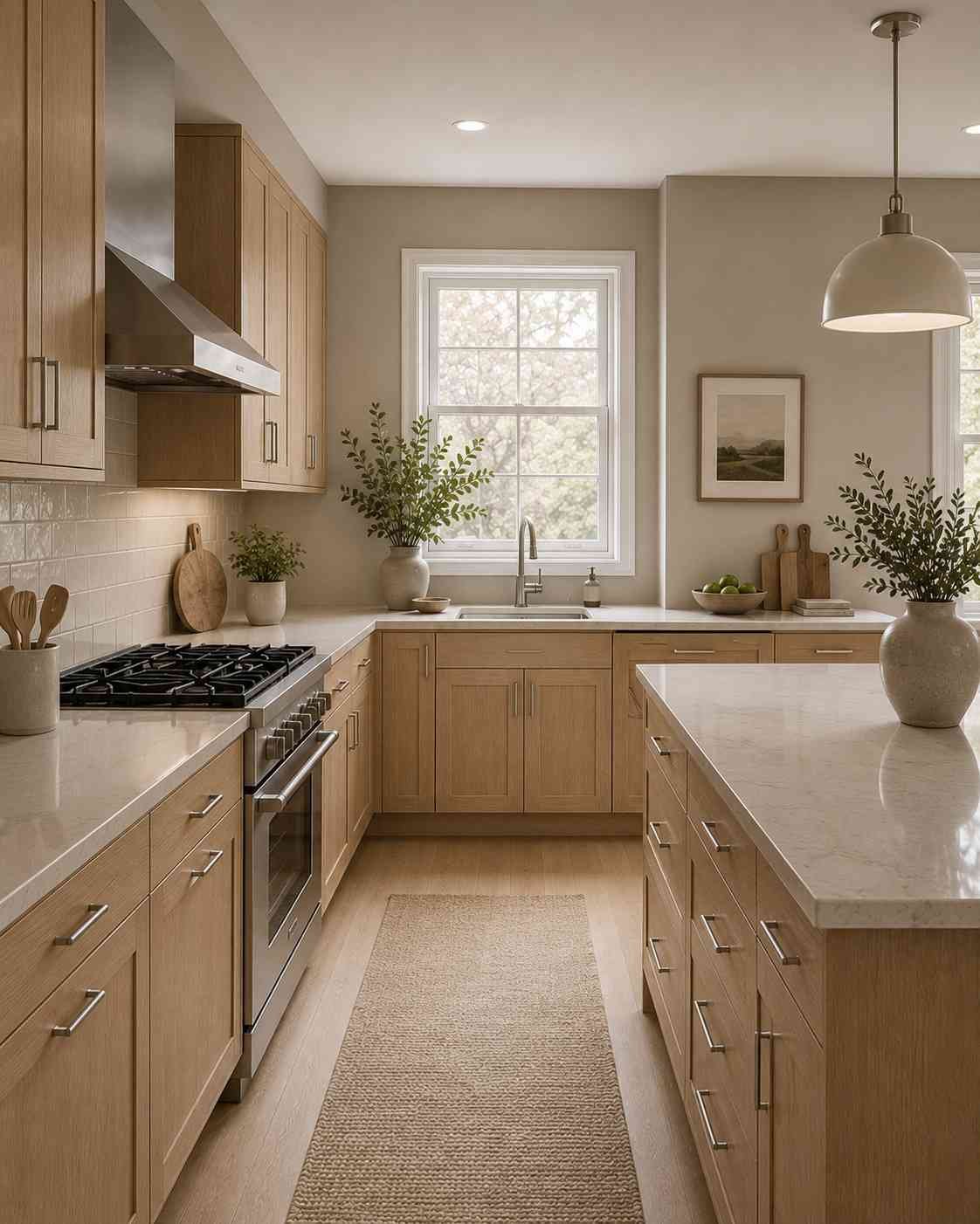 Ultra-realistic contemporary kitchen featuring natural white oak cabinets, warm greige walls, brushed nickel cabinet hardware and faucet, white quartz countertops, a matching island, stainless steel appliances, soft neutral décor, and abundant natural daylight in a timeless, resale-friendly design.