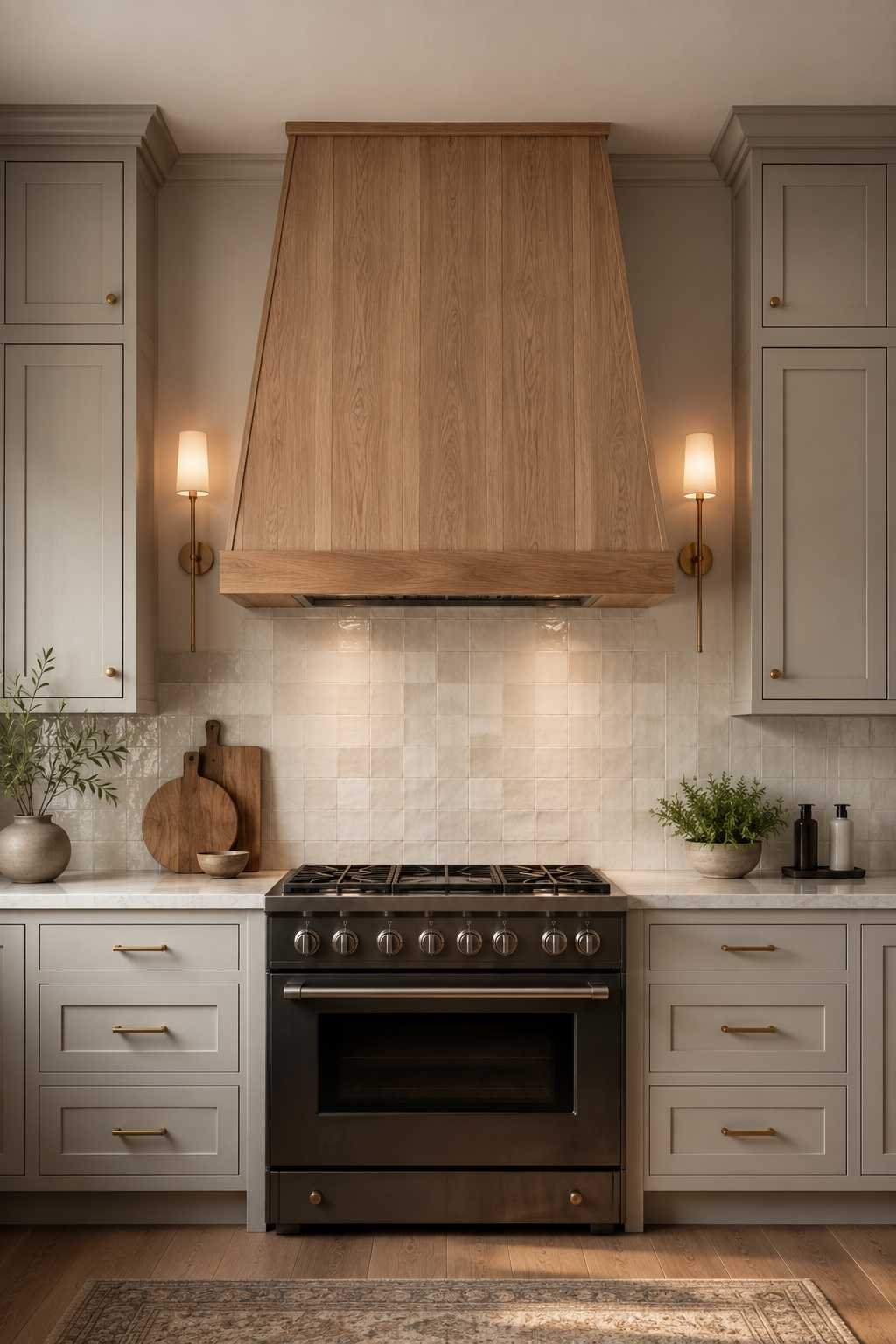 Modern kitchen featuring a white oak range hood, light grey shaker cabinets, handmade white tile backsplash, professional black range, brass wall sconces, and white quartz countertops.
