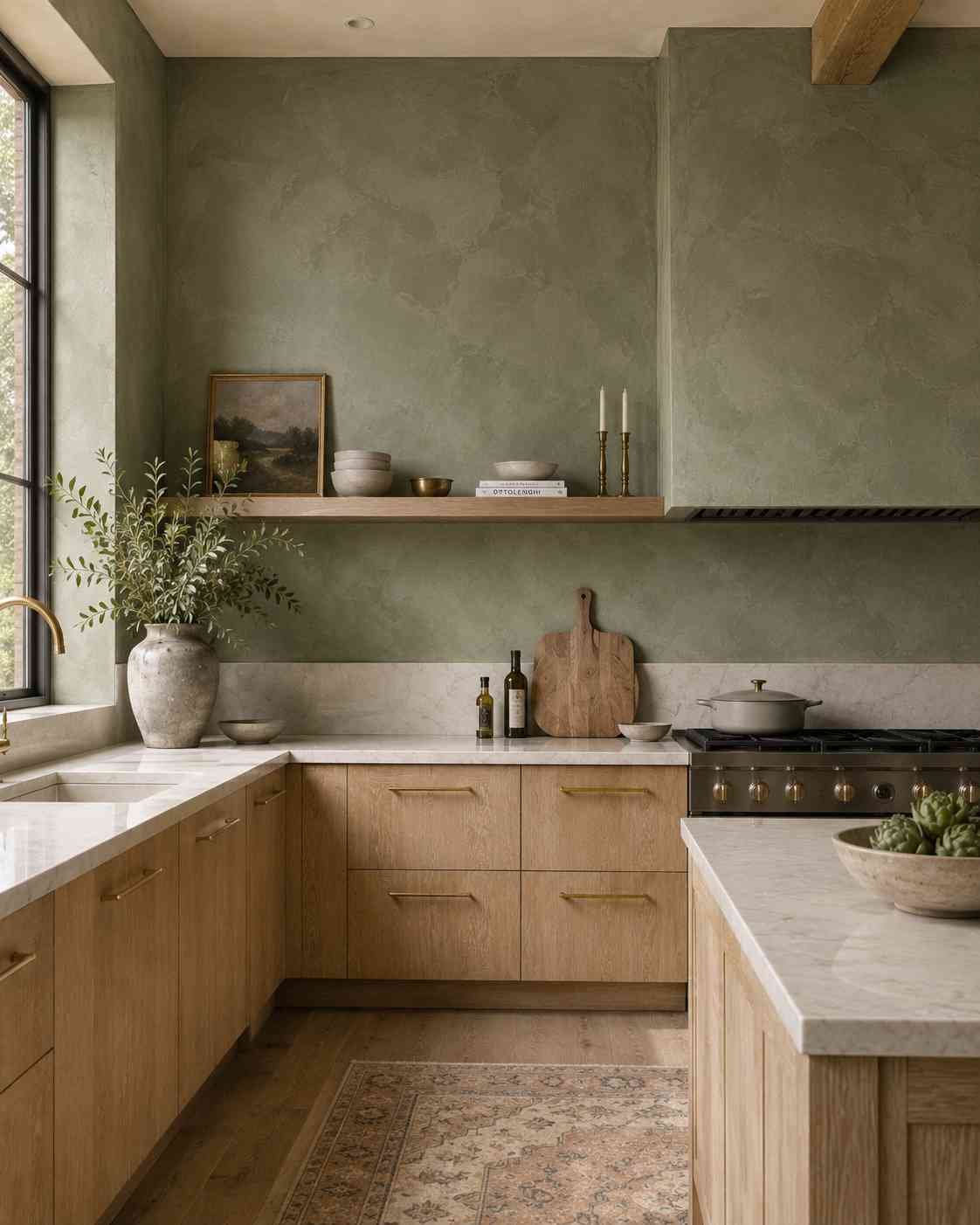Ultra-realistic luxury kitchen featuring plain-sawn white oak slab cabinets paired with sage-green Venetian plaster walls, white quartz countertops, warm brass hardware, a plaster range hood, natural wood flooring, and soft daylight for an elegant organic contemporary design.