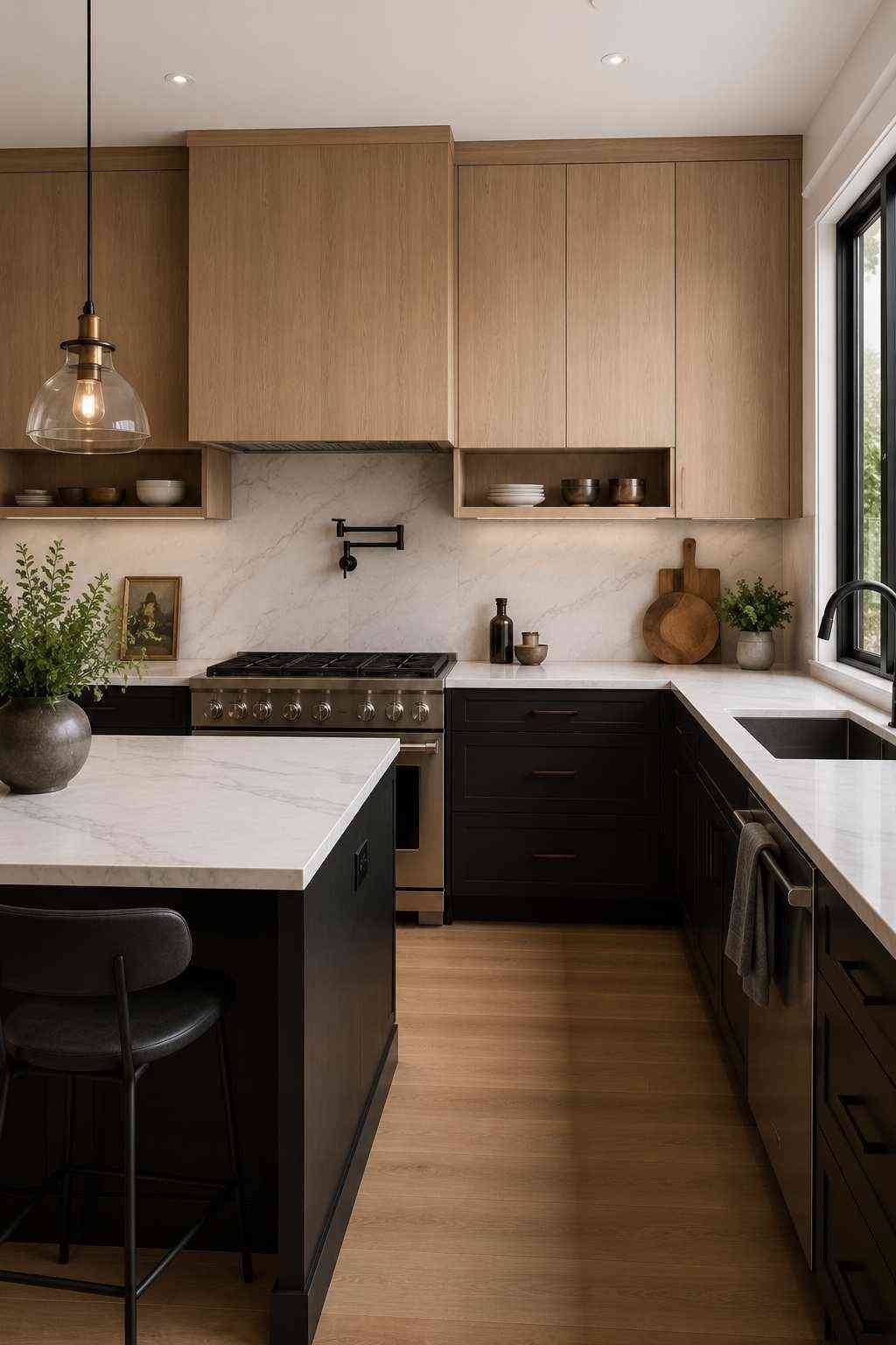 Ultra-realistic contemporary kitchen featuring natural white oak upper cabinets paired with deep charcoal black lower cabinets, white quartz countertops, matte black hardware, light wood flooring, and warm ambient lighting for a modern two-tone kitchen design.
