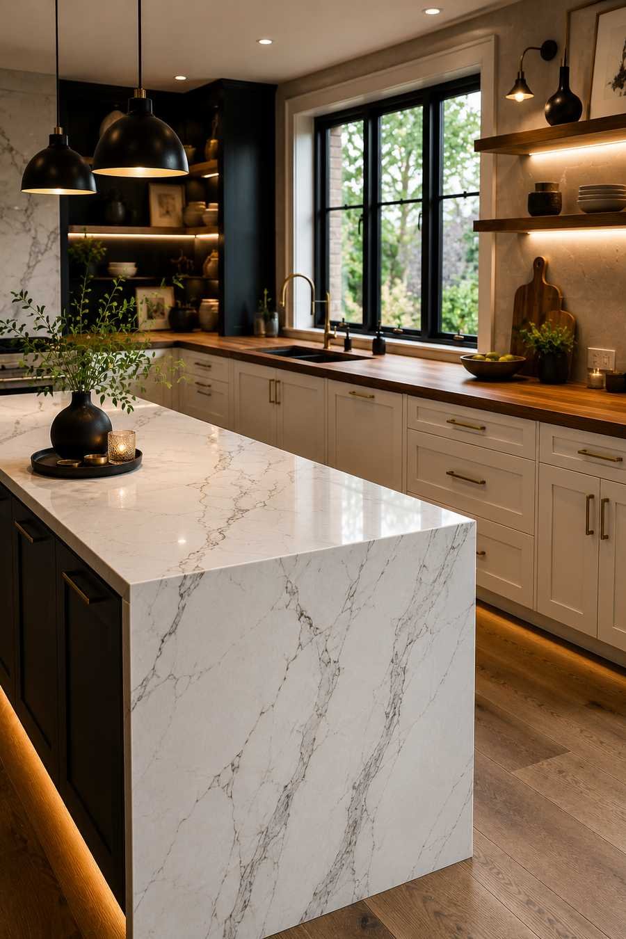 Luxury modern kitchen featuring a white quartz waterfall island, warm butcher block perimeter countertops, white shaker cabinets, matte black island base, brass accents, open wood shelves, and elegant layered lighting in a contemporary design.