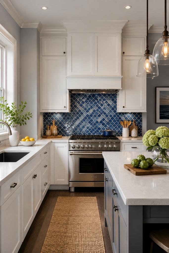 Photorealistic modern kitchen featuring soft grey painted walls, white shaker cabinets, a vibrant blue mosaic tile backsplash behind a stainless steel range, warm pendant lighting, white quartz countertops, and natural daylight streaming through a nearby window.
