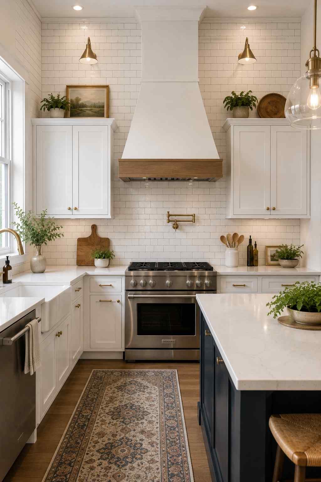 Elegant white kitchen featuring a white subway tile backsplash that extends from the countertop all the way to the ceiling behind a custom range hood, paired with white shaker cabinets, white quartz countertops, brass hardware, and a large island for a bright, spacious feel.