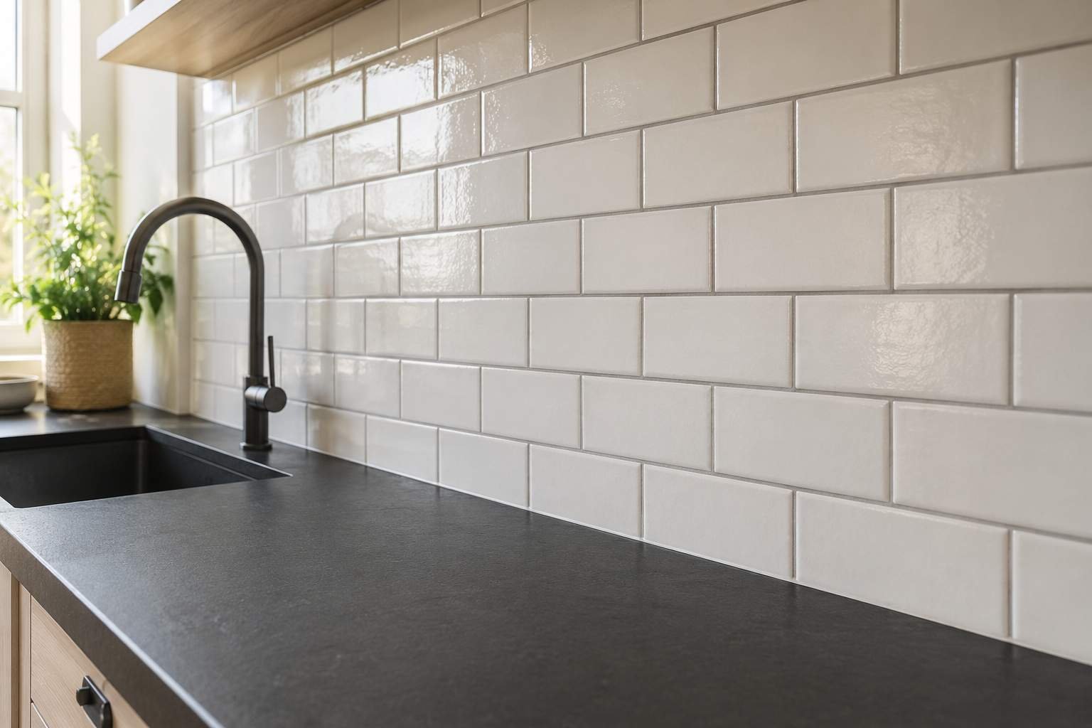 Close-up of a glossy white subway tile backsplash with light grey grout paired with a matte black countertop, featuring a modern black faucet in a bright, naturally lit contemporary kitchen.