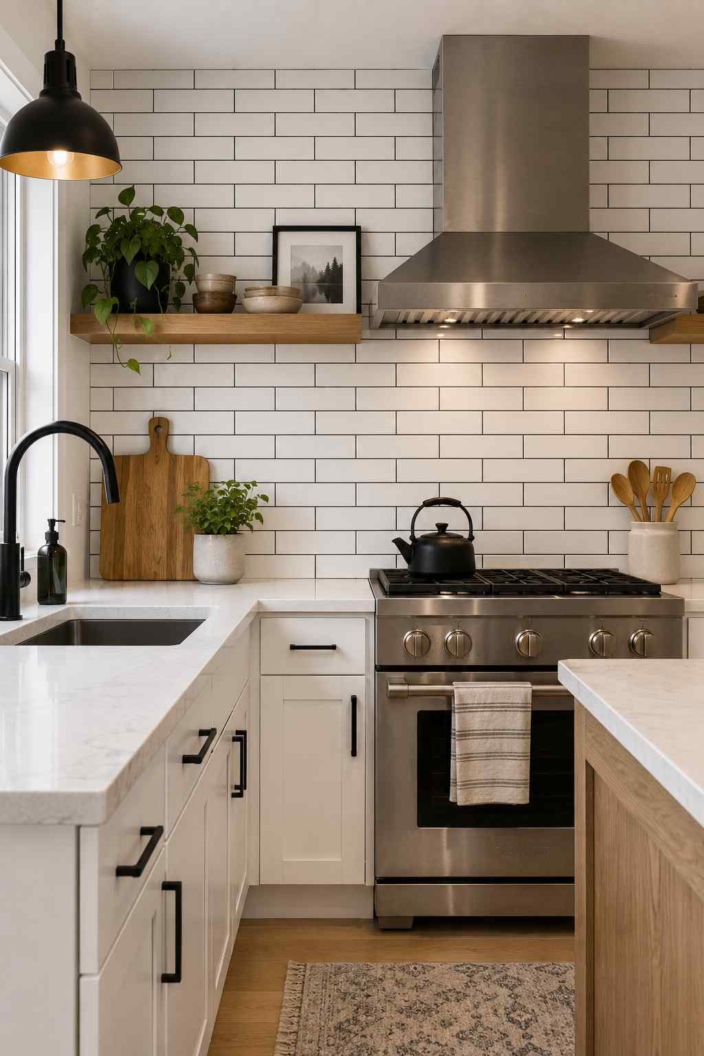 Bright modern kitchen featuring a white subway tile backsplash with black grout, white shaker cabinets, black cabinet hardware, a matte black faucet, white quartz countertops, floating wood shelves, and a stainless steel range, creating a clean, high-contrast contemporary look.