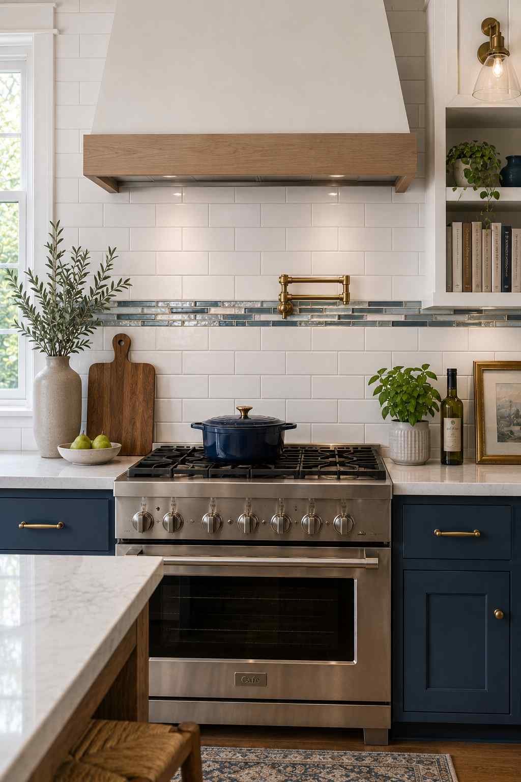 Contemporary kitchen featuring a white subway tile backsplash with a blue glass and metallic accent strip, paired with navy blue lower cabinets, white upper cabinets, white quartz countertops, brass hardware, a custom wood-trim range hood, and a stainless steel range for a fresh, custom-designed look.
