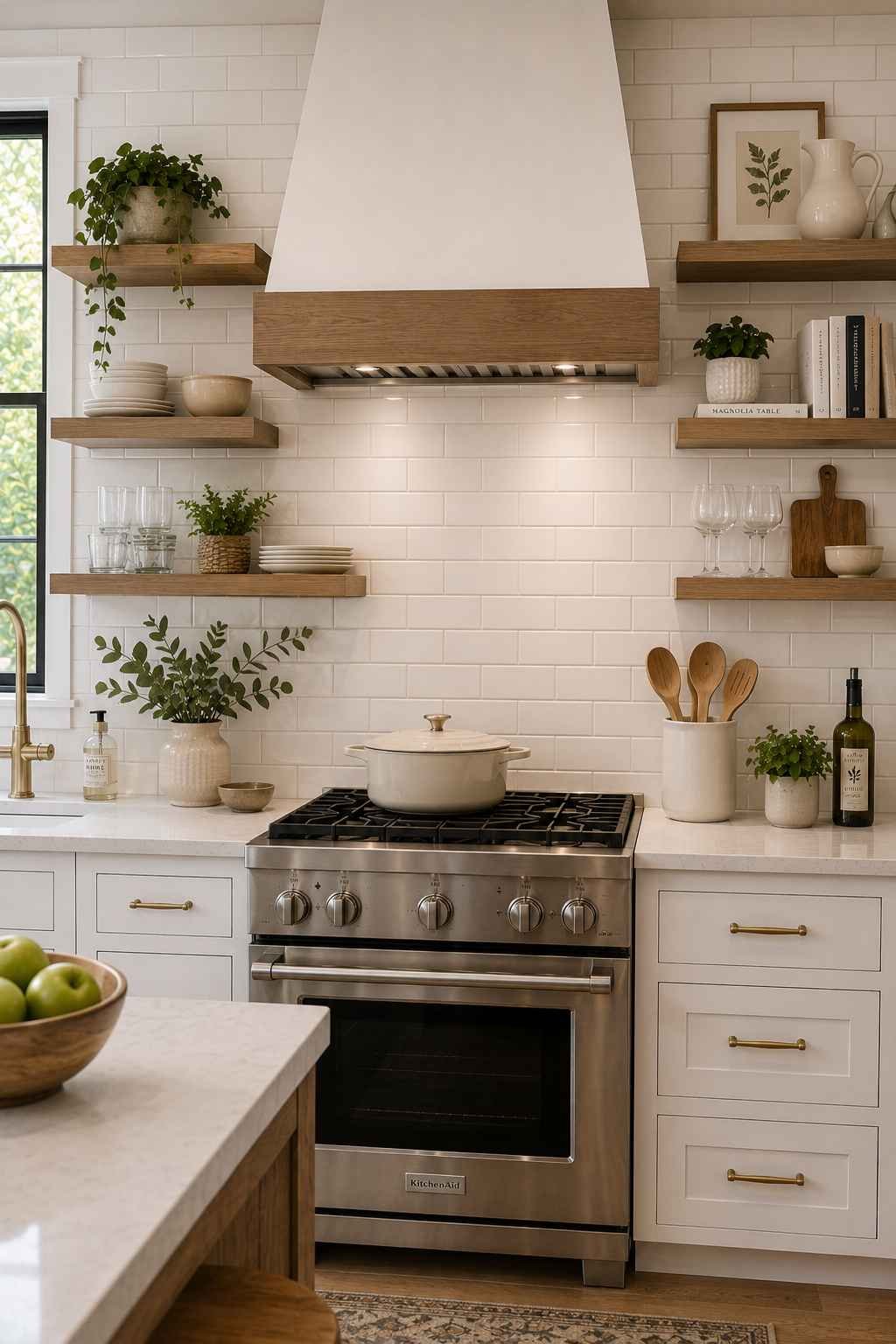 Bright modern farmhouse kitchen featuring a white subway tile backsplash paired with floating wood open shelves, white shaker cabinets, white quartz countertops, a custom wood-trim range hood, brass hardware, and a stainless steel range, creating a light, airy, and functional design.