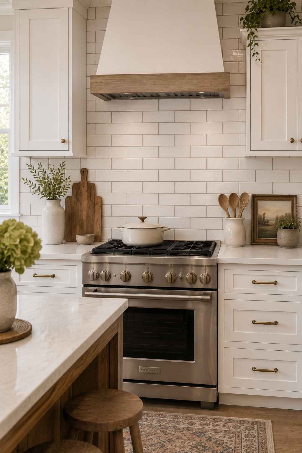 Bright modern farmhouse kitchen featuring a white subway tile backsplash with warm gray grout, white shaker cabinets, white quartz countertops, brass hardware, a custom range hood, and a stainless steel range, creating soft contrast and a timeless, inviting look.