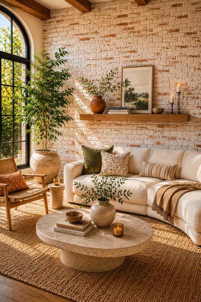 A bright living room featuring a whitewashed exposed brick wall, curved cream sofa, light wood shelf, textured area rug, indoor greenery, and warm natural sunlight for a fresh yet timeless look.