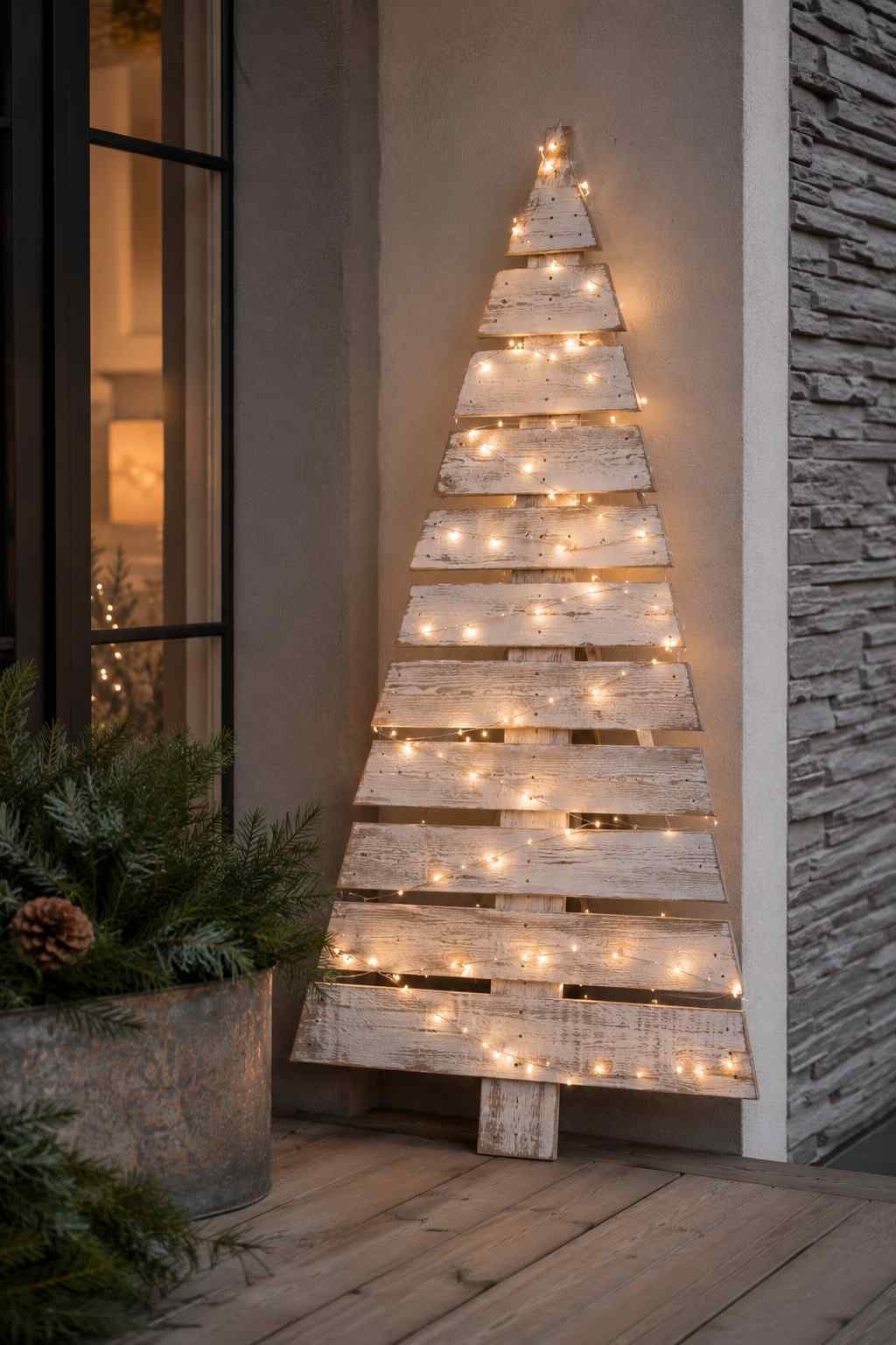 A rustic wooden Christmas tree wrapped with warm white fairy lights stands on a front porch beside evergreen planters.