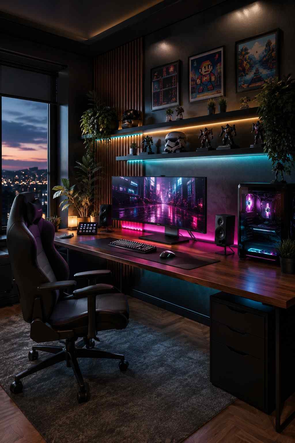 A cozy, thoughtfully designed gaming room where every detail feels intentional, featuring dark walls, warm wood accents, soft cyan and magenta lighting, a clean desk setup with an ultrawide monitor and gaming PC, indoor plants, pixel-art wall decor, and a comfortable gaming chair that creates a modern space that's both stylish and inviting.