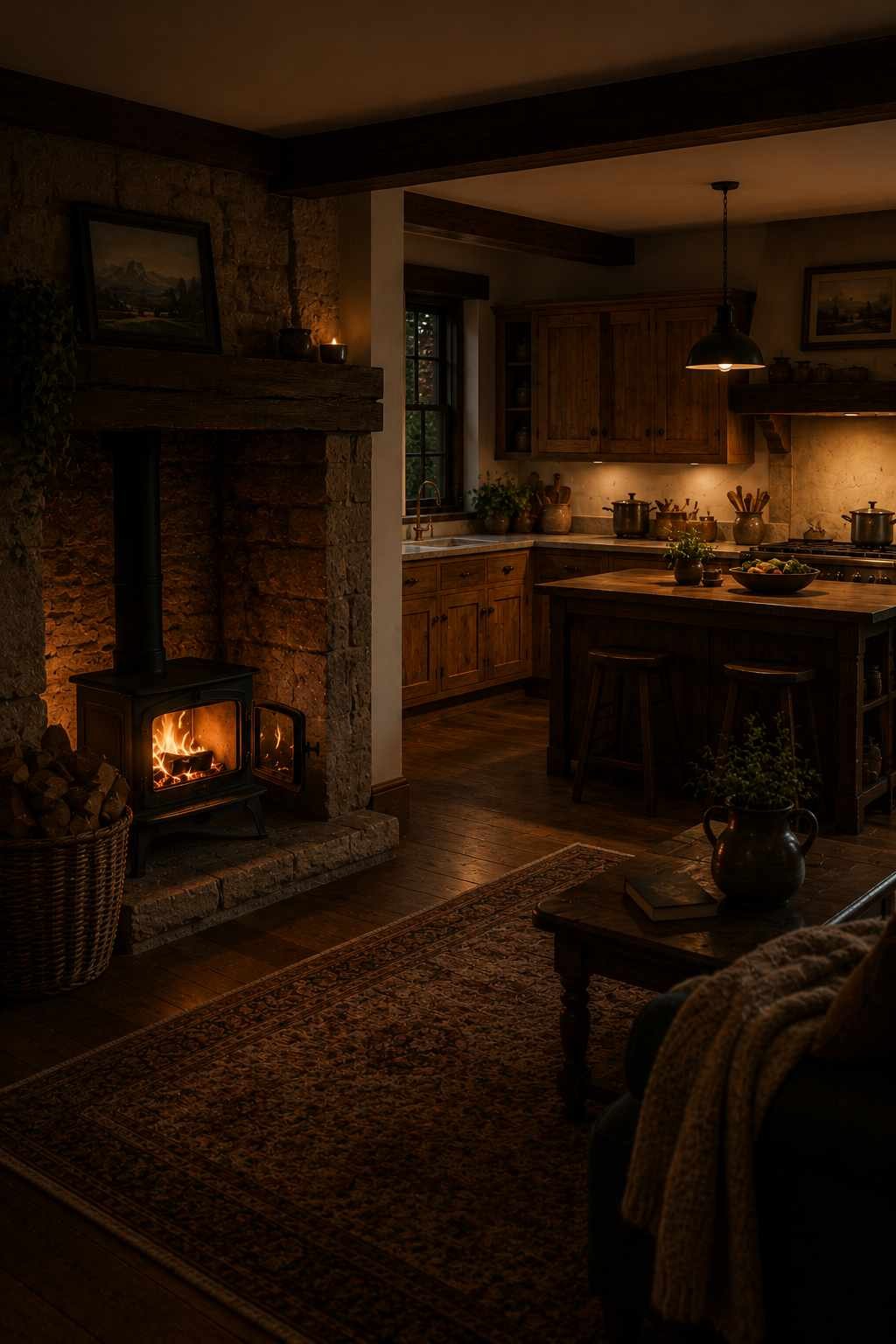 A black cast iron wood-burning stove glows inside a stone alcove beside an open highland kitchen, casting warm firelight across the room. A woven basket of firewood, rustic wood cabinetry, and a softly lit pendant lamp create a cozy mountain cabin atmosphere with rich textures and inviting warmth.