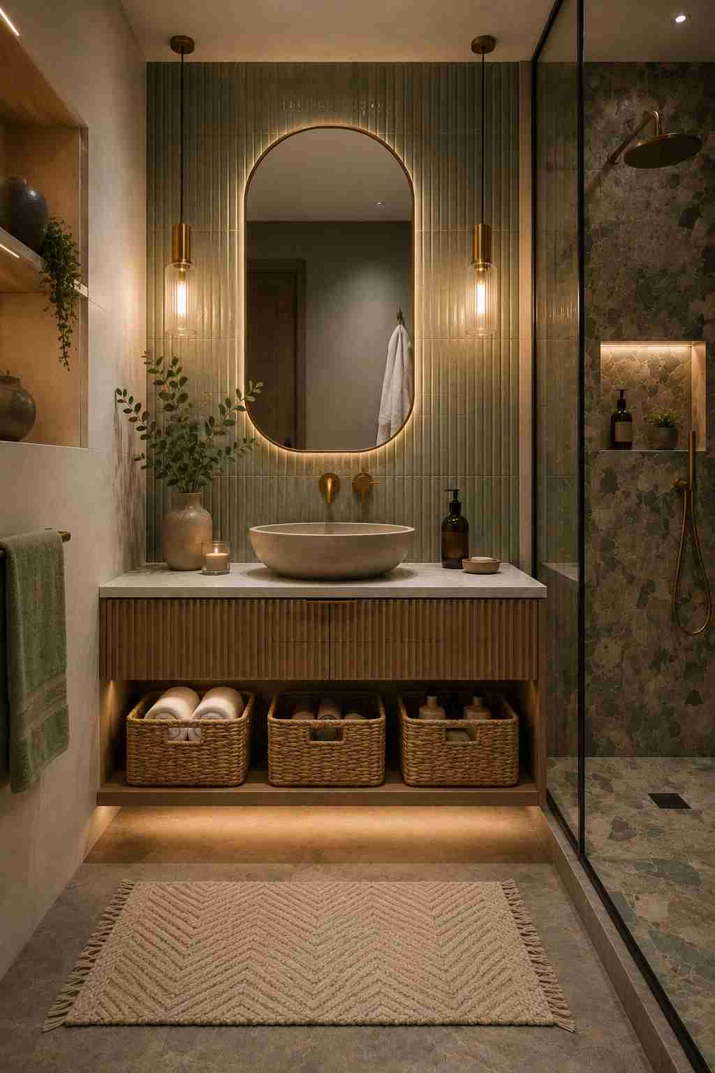 Modern wood bathroom vanity with a stone vessel sink, LED backlit arched mirror, fluted green tile accent wall, woven storage baskets, frameless glass shower, and warm brass fixtures in a spa-inspired bathroom.