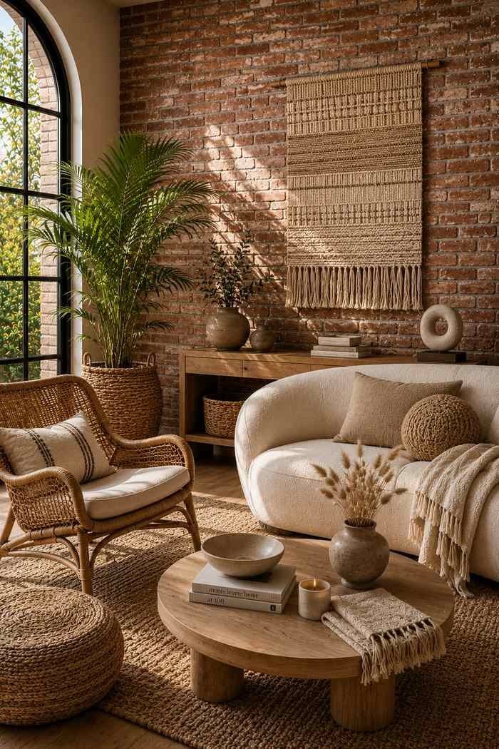 A cozy living room with an exposed brick wall, woven rattan accent chair, macramé wall hanging, jute pouf, curved cream sofa, and natural wood furniture creating a warm, layered atmosphere.