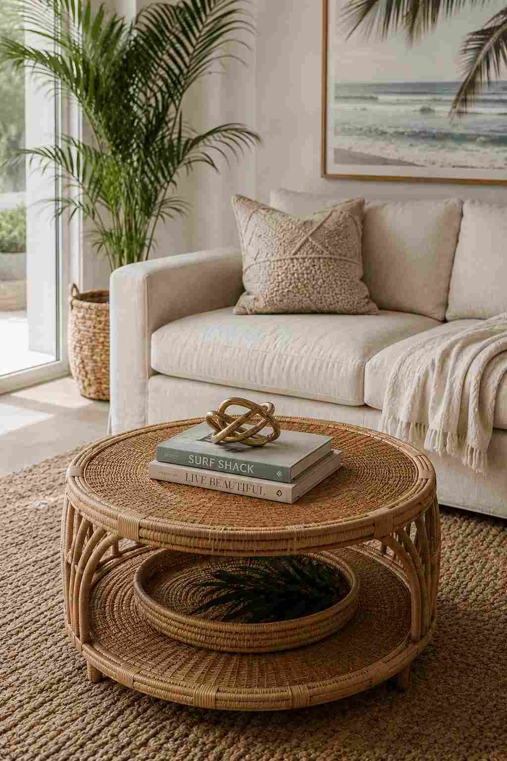 Woven rattan and wood coffee table with open shelf in a coastal boho-modern living room