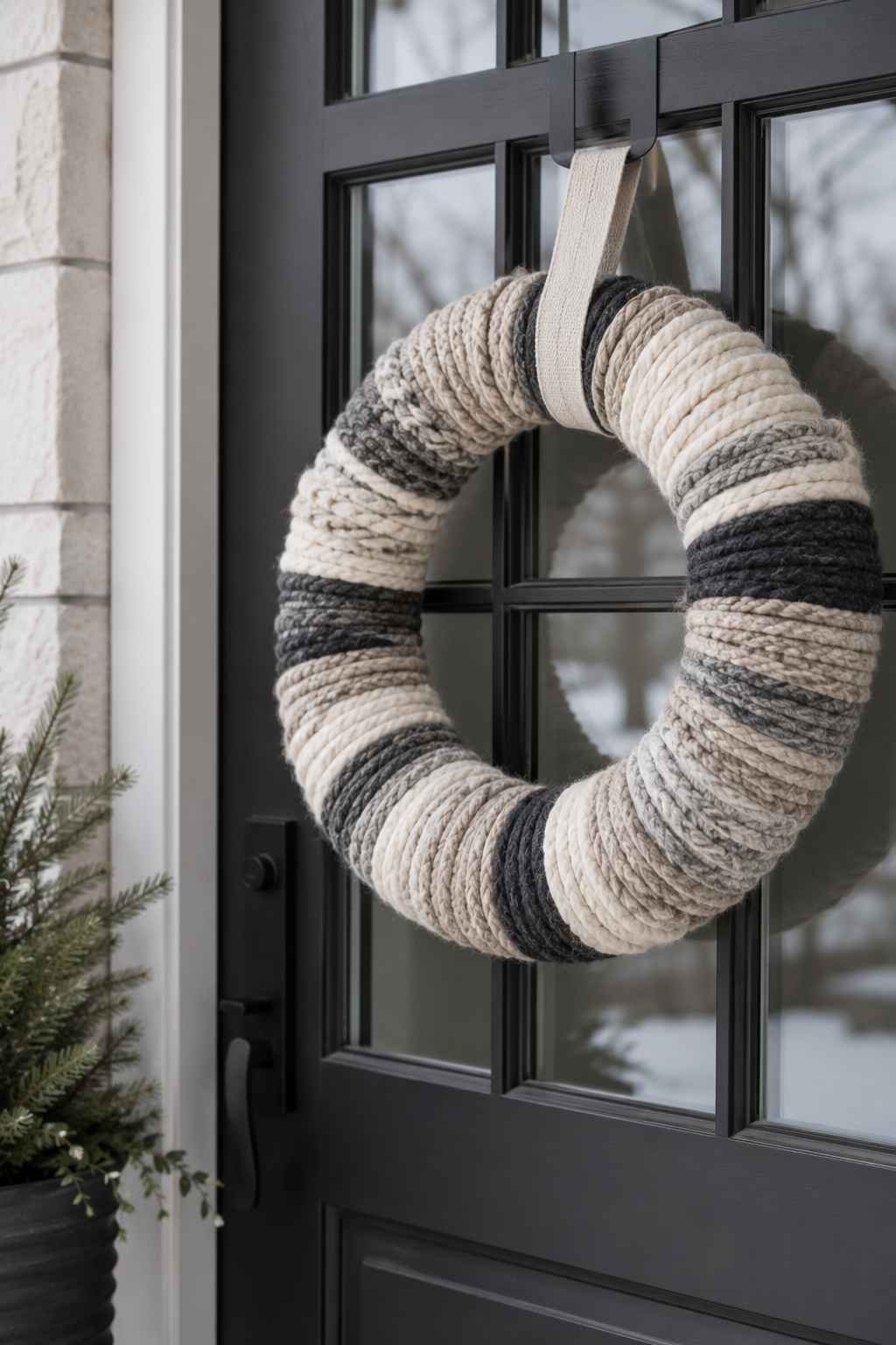 A handmade wreath wrapped in neutral-colored yarn hangs on a black front door for a cozy winter welcome.