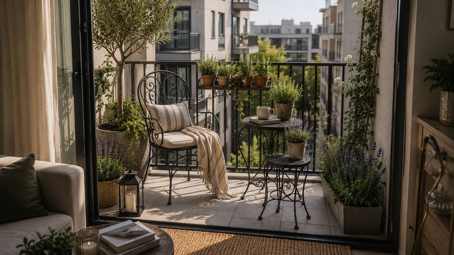French country apartment tiny balcony with wrought iron chair, bistro table, potted herbs, olive tree, and climbing jasmine creating a cozy small outdoor patio space.