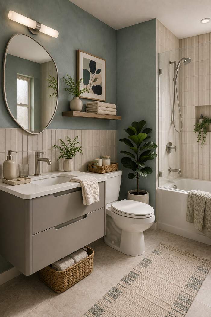 A bright, spa-inspired bathroom with soft sage green walls, a light gray floating vanity, and an oversized round mirror. Natural light from the window complements the fresh greenery, neatly folded towels, and woven baskets, creating a calm and welcoming feel. The glass-enclosed shower, clean white finishes, and subtle earthy accents give the space a fresh, modern look that feels both relaxing and thoughtfully designed.