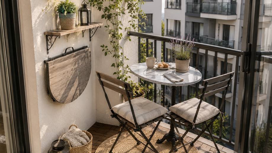 French country bistro table and folding chairs on a small apartment balcony corner