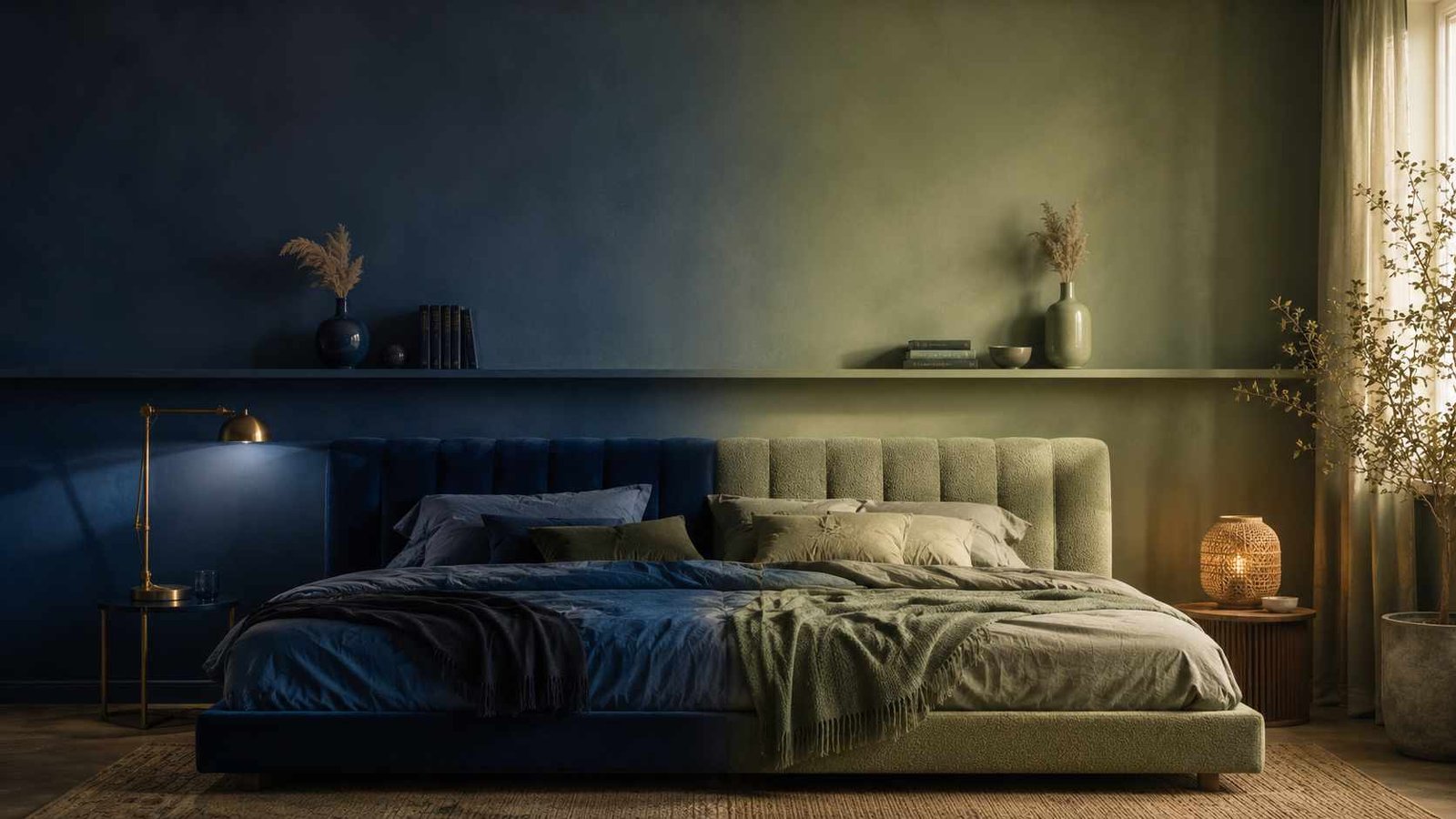Blue and green apartment bedroom decor idea featuring a striking diagonal gradient wall transitioning from navy blue to moss green, with a matching split headboard and coordinated furniture styling for small space design inspiration