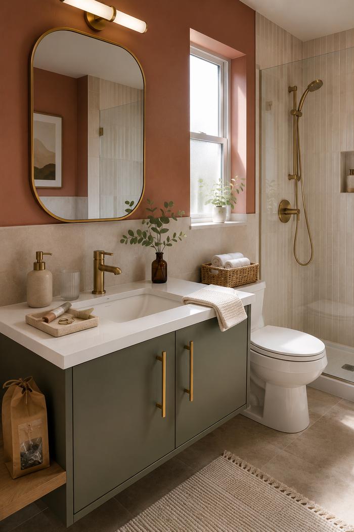 A warm, modern bathroom featuring a white vanity with olive-green cabinets and brass hardware, topped with a sleek countertop sink beneath a rounded rectangular mirror. Terracotta-colored walls, soft natural light from a frosted window, and a glass-enclosed shower with matching brass fixtures create a cozy, inviting atmosphere. Decorative plants, neatly folded towels, and minimalist accessories add a fresh and stylish finishing touch
