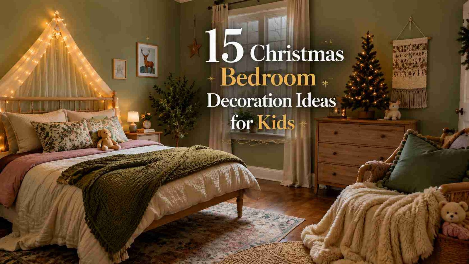 Cozy Christmas-themed kids' bedroom with warm fairy lights, a wooden bed, festive tree, soft green walls, plush textiles, and holiday decorations creating a magical winter atmosphere.