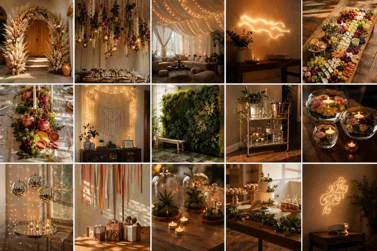 Collage of elegant housewarming party decoration ideas featuring floral entrance arches, hanging flower installations, cozy draped ceiling lights, grazing tables, greenery walls, dessert stations, candle centerpieces, bar carts, and stylish home décor for welcoming guests.