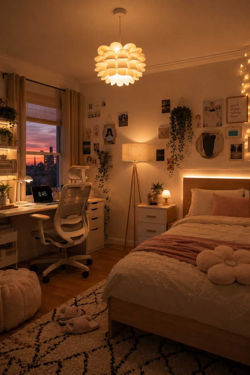  Layered warm lighting plan with pendant, desk lamp, and floor lamp in a teen girl bedroom