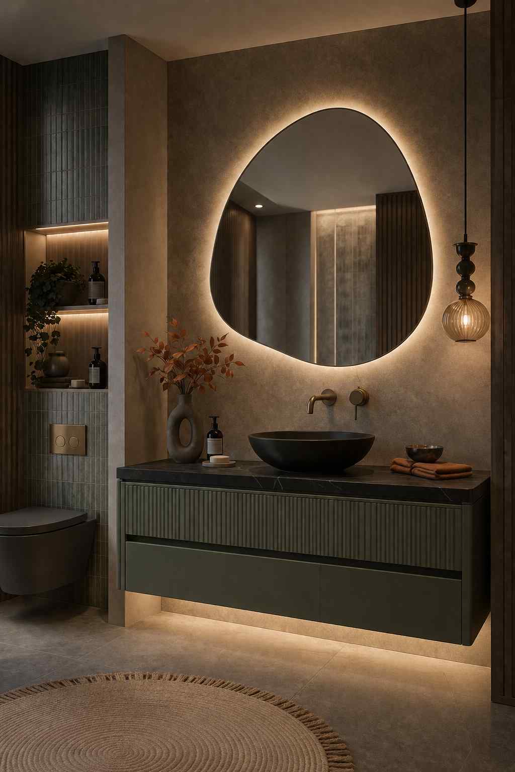 Luxury dark green floating bathroom vanity with a black vessel sink, asymmetrical LED backlit mirror, fluted drawer fronts, brushed brass wall-mounted faucet, pendant lighting, and warm ambient lighting in a modern contemporary bathroom.