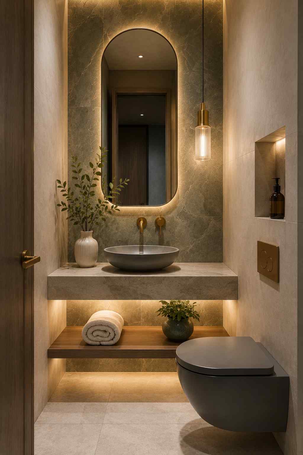 Luxury floating stone bathroom vanity with a gray vessel sink, LED backlit arched mirror, brushed brass faucet, warm pendant lighting, recessed wall niche, and wood shelf in a modern small bathroom.