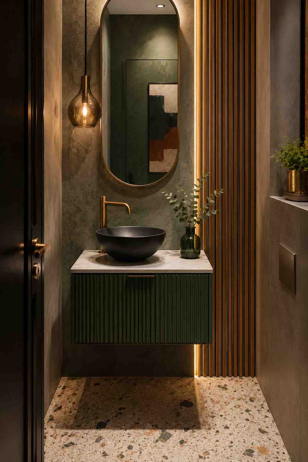 Luxury dark green floating bathroom vanity with a black vessel sink, brushed brass faucet, vertical wood slat accent wall, oval mirror, terrazzo flooring, and warm ambient lighting in a modern small bathroom.