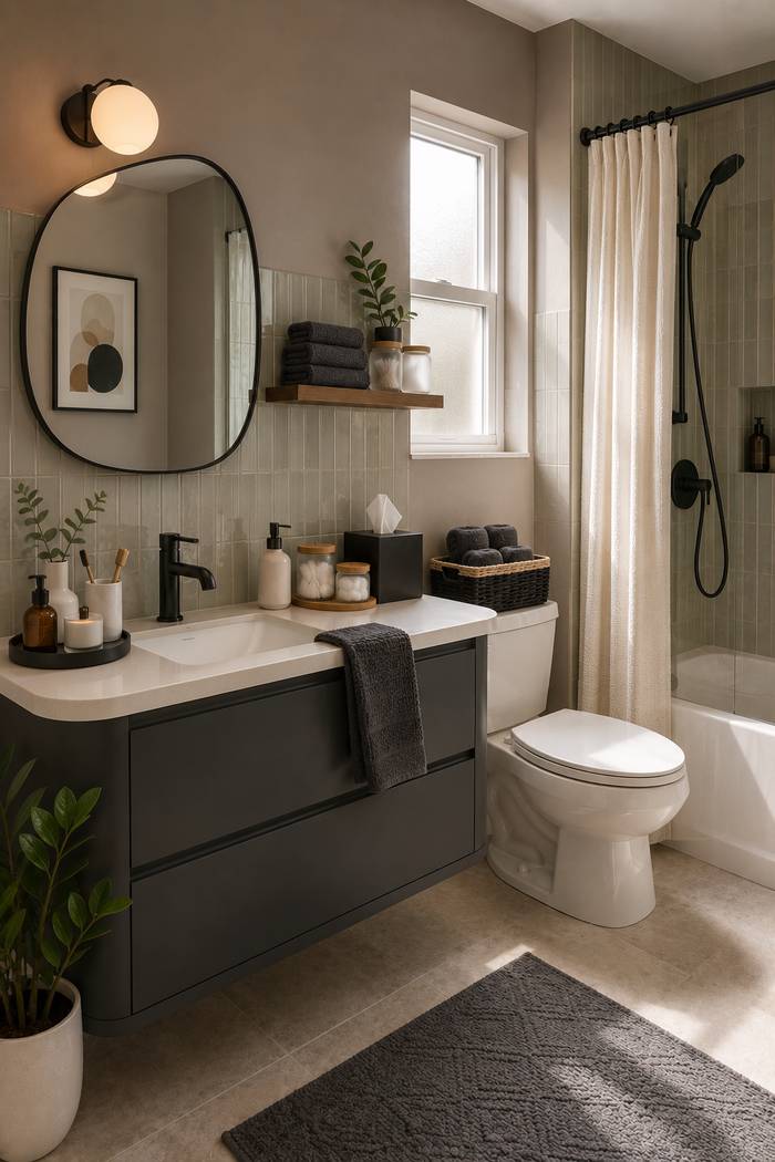A cozy, contemporary bathroom featuring a sleek charcoal vanity with a white countertop, matte black faucet, and an oval mirror. Soft daylight filters through a frosted window, brightening the neutral walls, leafy plants, and neatly arranged bathroom essentials. A black-framed shower with a light curtain, plush gray towels, and warm wood accents create a clean, relaxing space that feels stylish and welcoming.