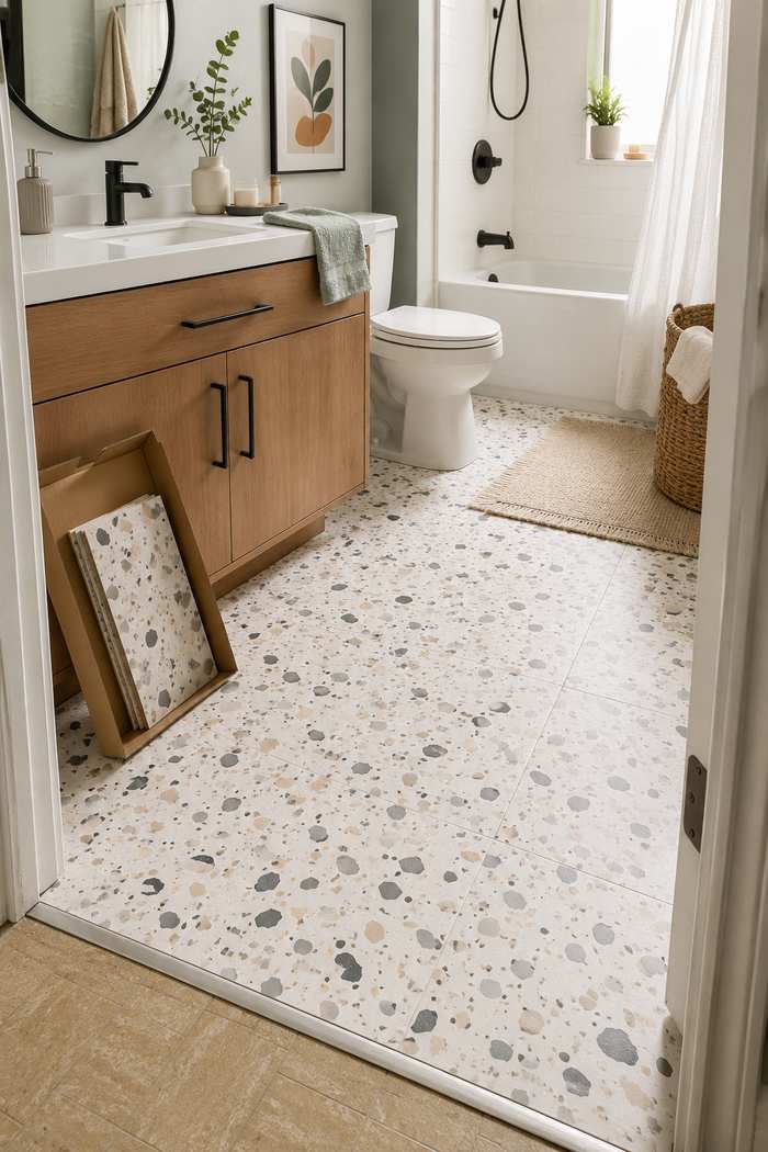 A bright, modern bathroom with a warm wood vanity, matte black fixtures, and a white bathtub framed by soft natural light. The eye-catching terrazzo-style floor adds texture and personality, while woven baskets, fresh greenery, and neutral décor create a clean, cozy space that feels both stylish and welcoming.