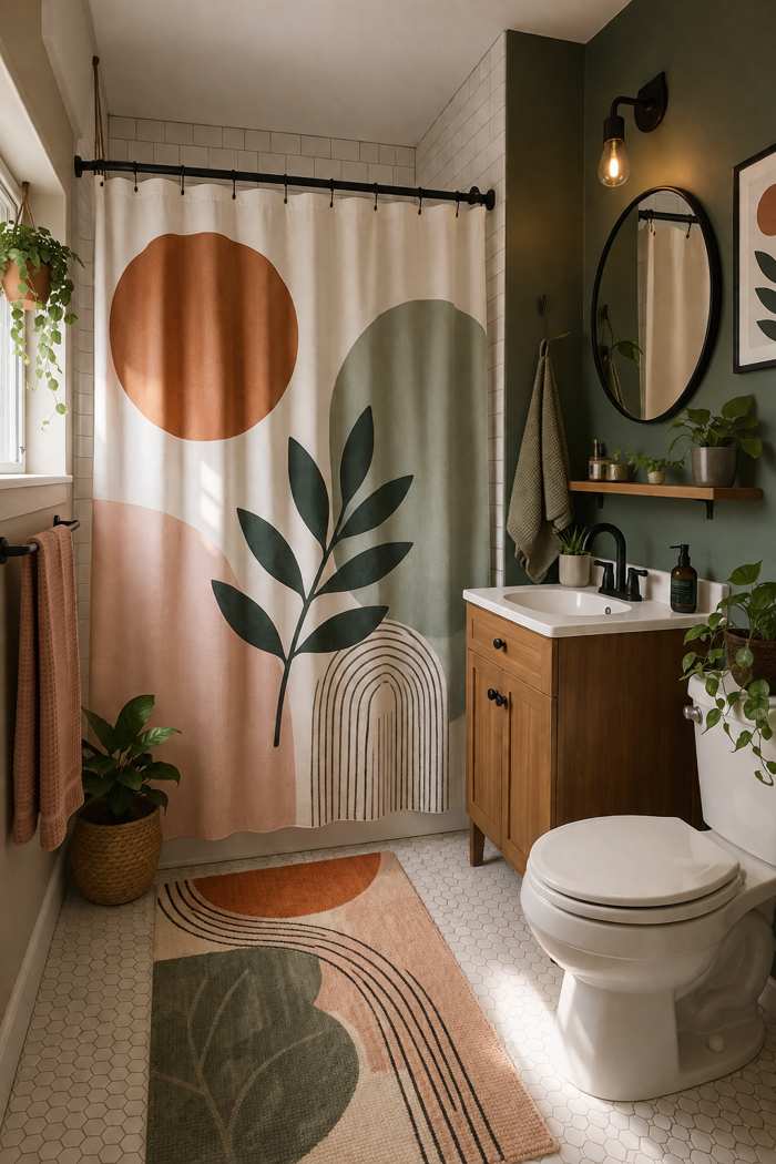 Modern botanical shower curtain with warm terracotta and sage green shapes, paired with a cozy wood vanity and indoor plants for a fresh bathroom style.