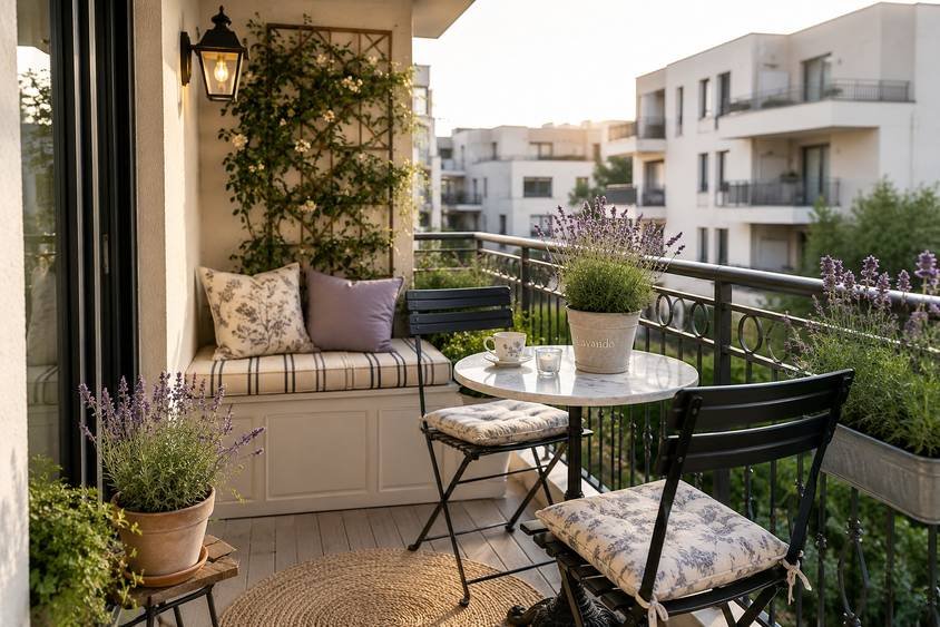 French country style small patio idea on a tiny apartment balcony with bistro table and potted lavender