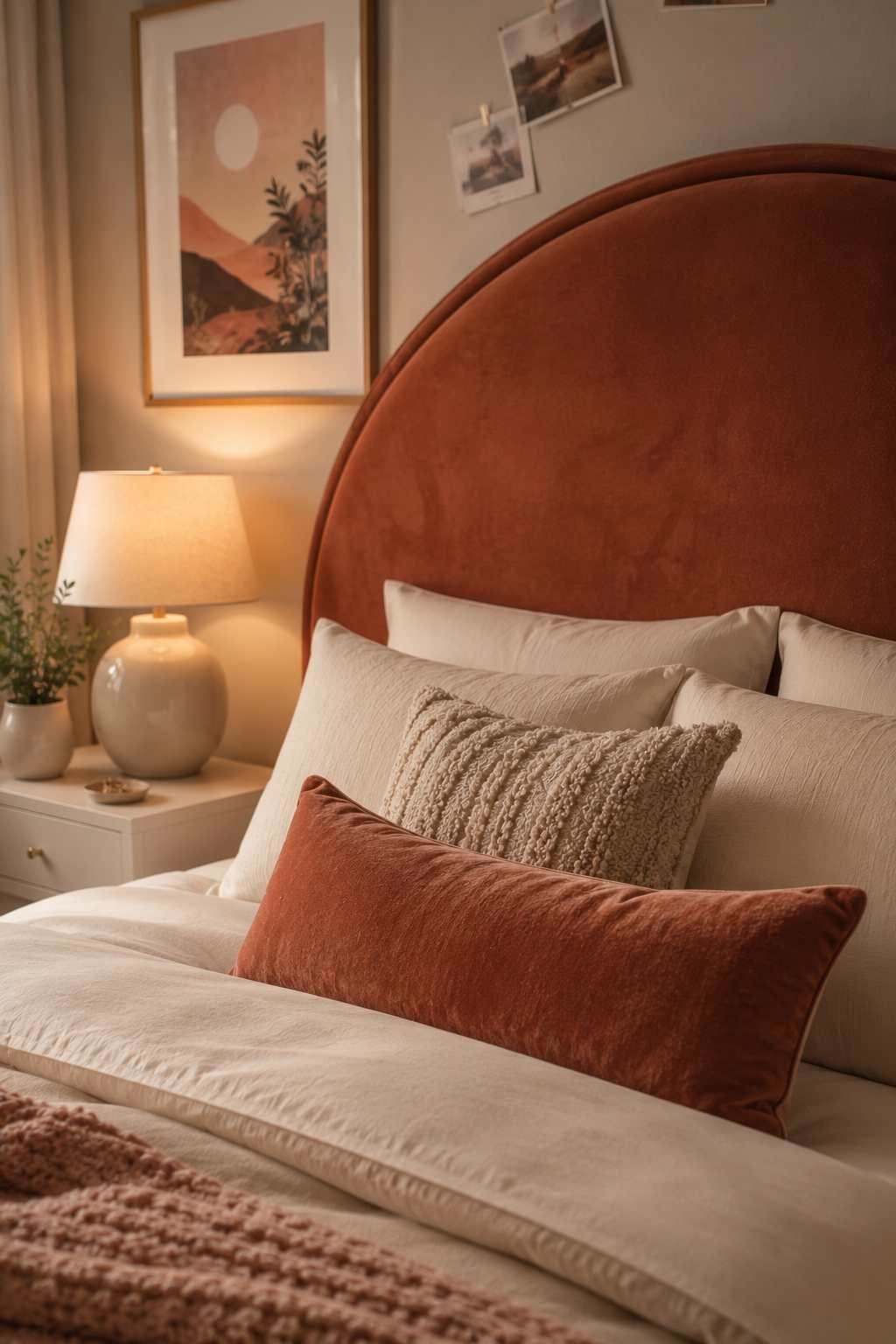 Close-up of a curved terracotta velvet headboard with cream bedding.