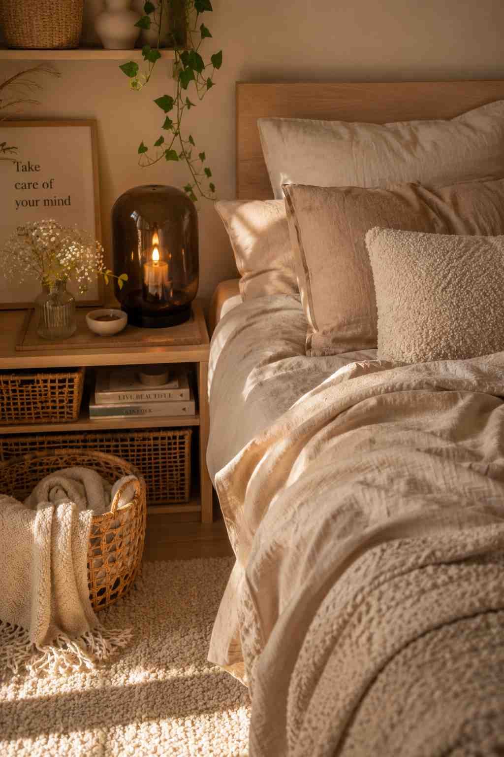 Close-up of linen, bouclé, and rattan textures layered in a modern teen bedroom