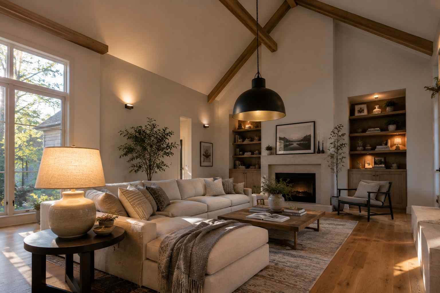 A vaulted living room with exposed wood beams, a black dome pendant light, built-in shelving beside a stone fireplace, and a beige sectional sofa styled with a wool throw and warm lamp lighting.