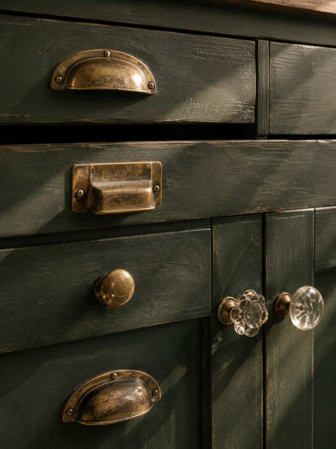 Close-up of antique brass bin pulls, vintage glass knobs, and aged cabinet hardware on deep forest green shaker cabinets, highlighted by warm natural light for an authentic cottage kitchen look.