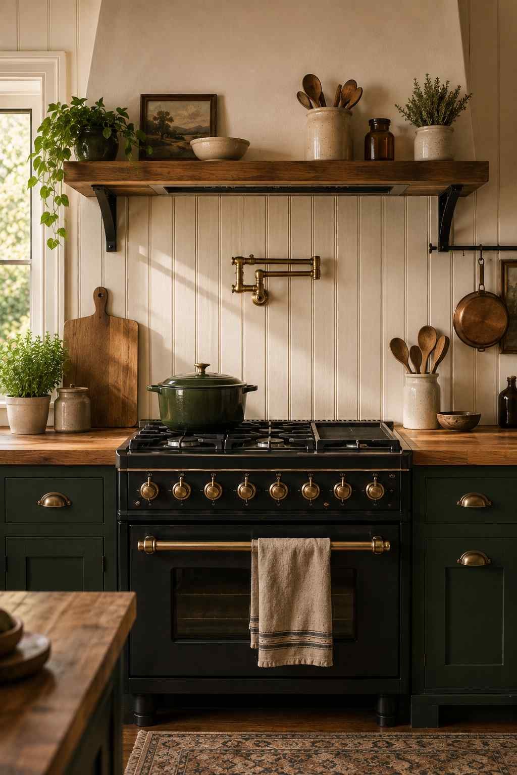 Cozy cottage kitchen featuring a warm white beadboard backsplash, deep forest green shaker cabinets, black range with brass accents, butcher block countertops, rustic wood shelf, and soft natural daylight.