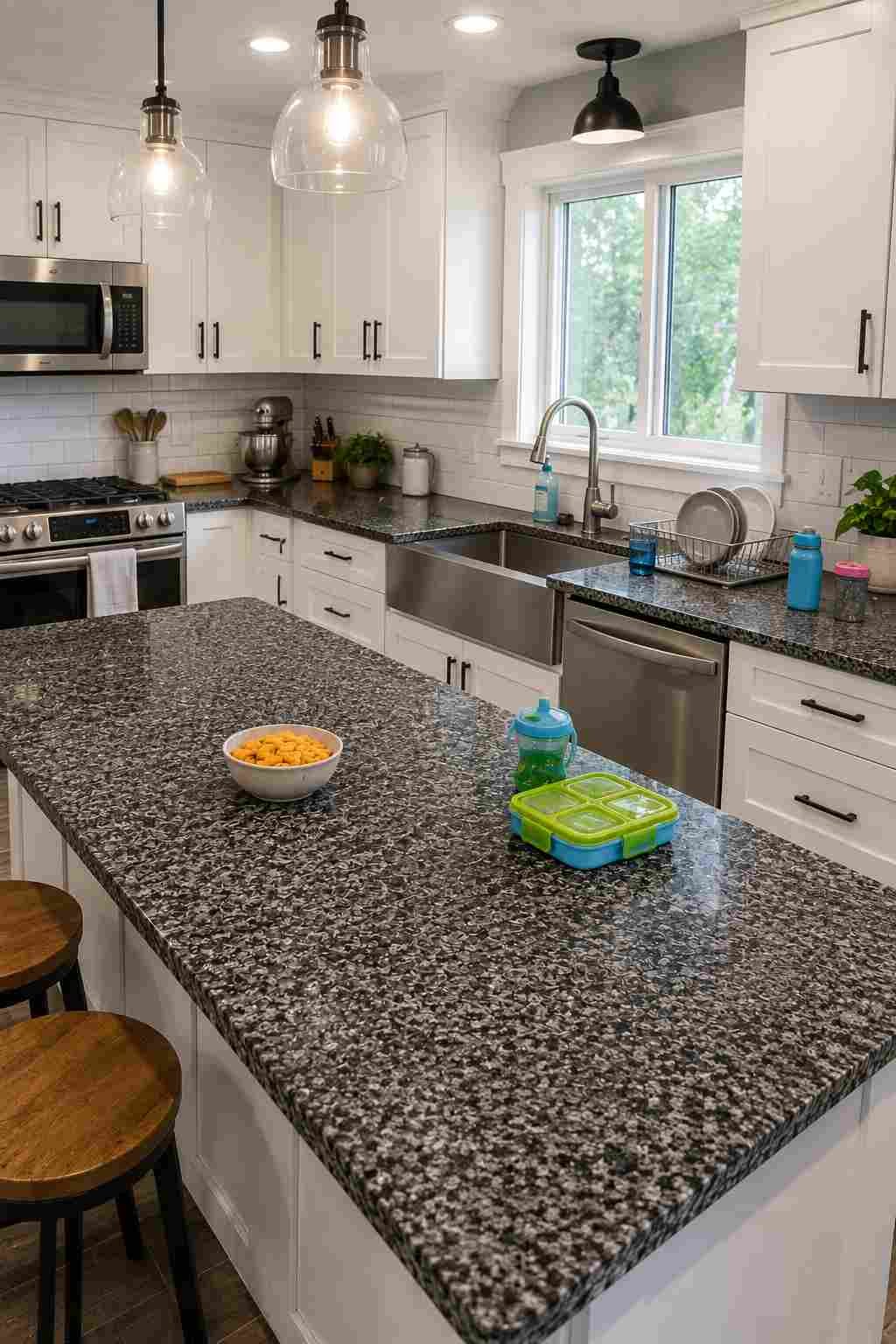 Modern family kitchen featuring white shaker cabinets, Black Pearl granite countertops with dense black and gray speckled texture, white subway tile backsplash, brushed nickel hardware, medium-tone wood flooring, and everyday kitchen essentials on the island for a practical, lived-in look.