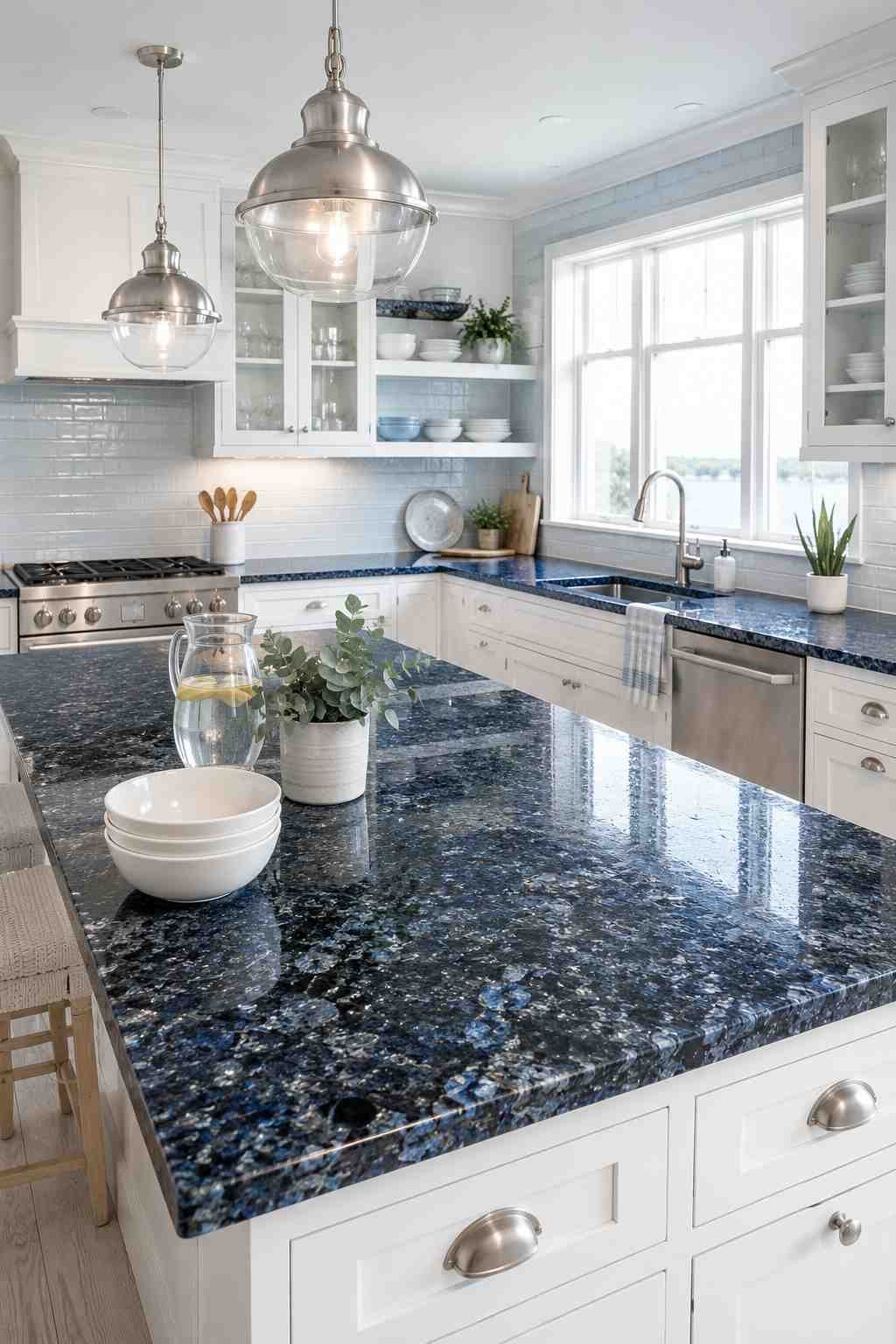 Bright coastal-inspired kitchen featuring white shaker cabinets, blue granite countertops with shimmering silver flecks, a light blue subway tile backsplash, brushed nickel hardware, glass-front cabinets, and a spacious island illuminated by natural daylight.