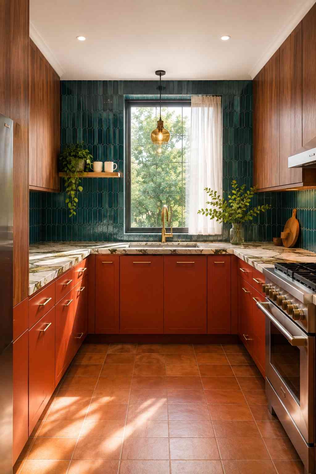 A vibrant U-shaped kitchen with deep terracotta lower cabinets, walnut upper cabinets, teal geometric tile backsplash, veined stone countertops, a farmhouse sink beneath a large window, brushed gold hardware, terracotta flooring, and bright natural light creating a bold contemporary design.